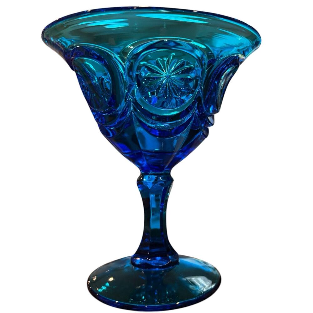 Fenton Knobby Bull’s Eye x Red Cliff Colonial Blue Glass Flared Pedestal Compote